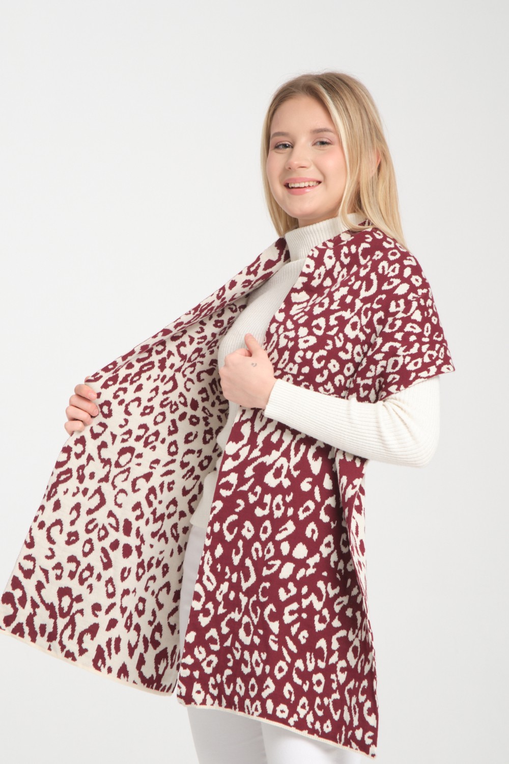 Wega Moda Leopar Desenli Triko Örgü Atkı, Triko Atkı, Yumuşak Dokulu Atkı, Kadın Atkı, Atkı, Triko Örgülü Atkı