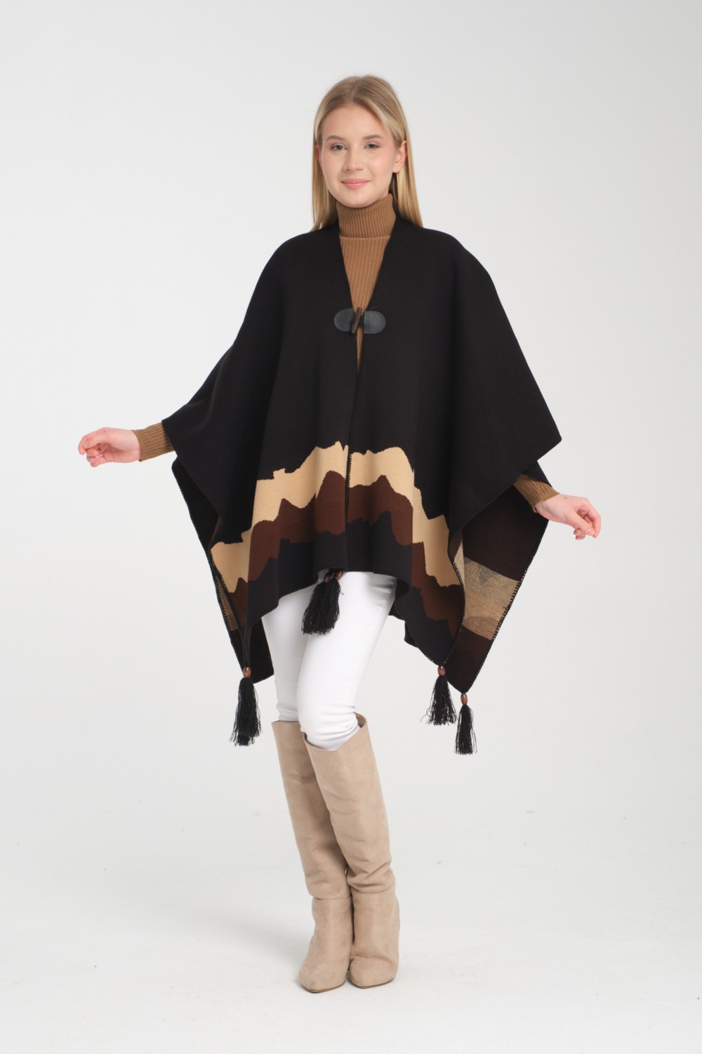 Wega Moda Wave Desenli Panço, Balıkçı Dikişli Düğme Detaylı Panço, Dış Giyim Panço,triko Örğü Şık Panço, Panço