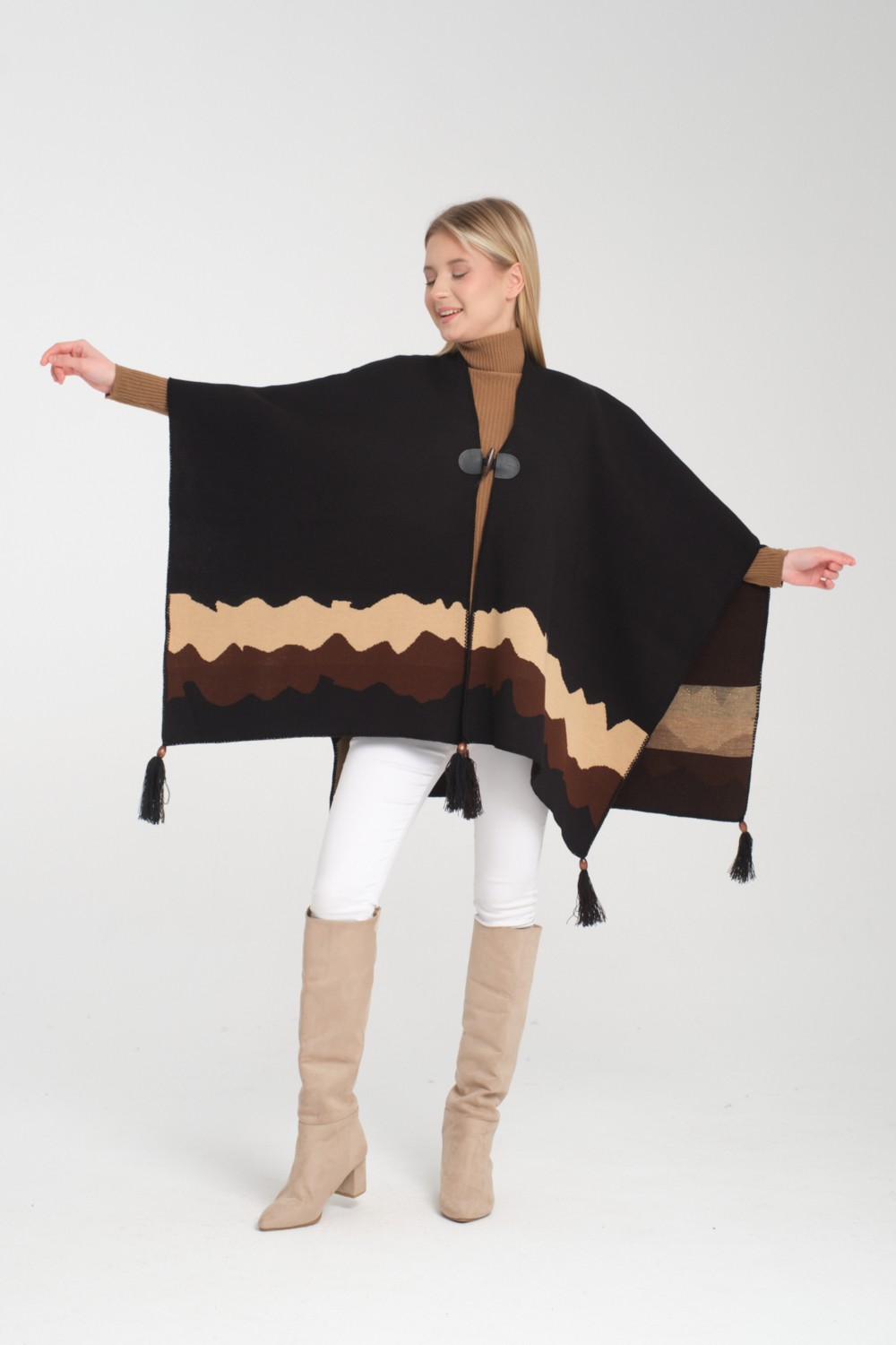 Wega Moda Wave Desenli Panço, Balıkçı Dikişli Düğme Detaylı Panço, Dış Giyim Panço,triko Örğü Şık Panço, Panço görsel 7