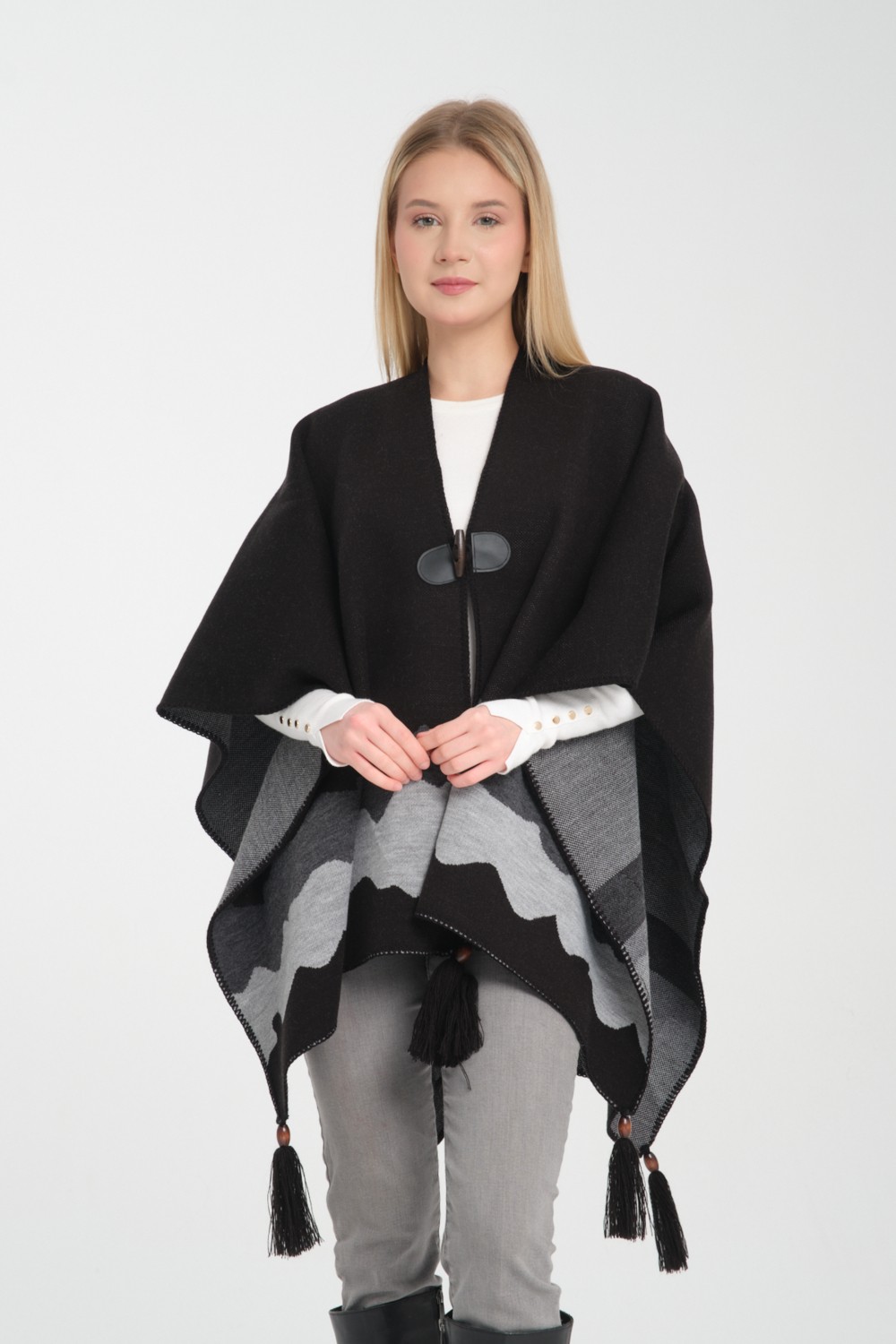 Wega Moda Wave Desenli Panço, Balıkçı Dikişli Düğme Detaylı Panço, Dış Giyim Panço,triko Örğü Şık Panço, Panço