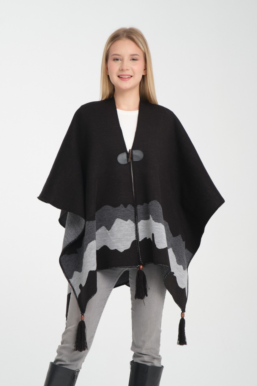 Wega Moda Wave Desenli Panço, Balıkçı Dikişli Düğme Detaylı Panço, Dış Giyim Panço,triko Örğü Şık Panço, Panço görsel 2