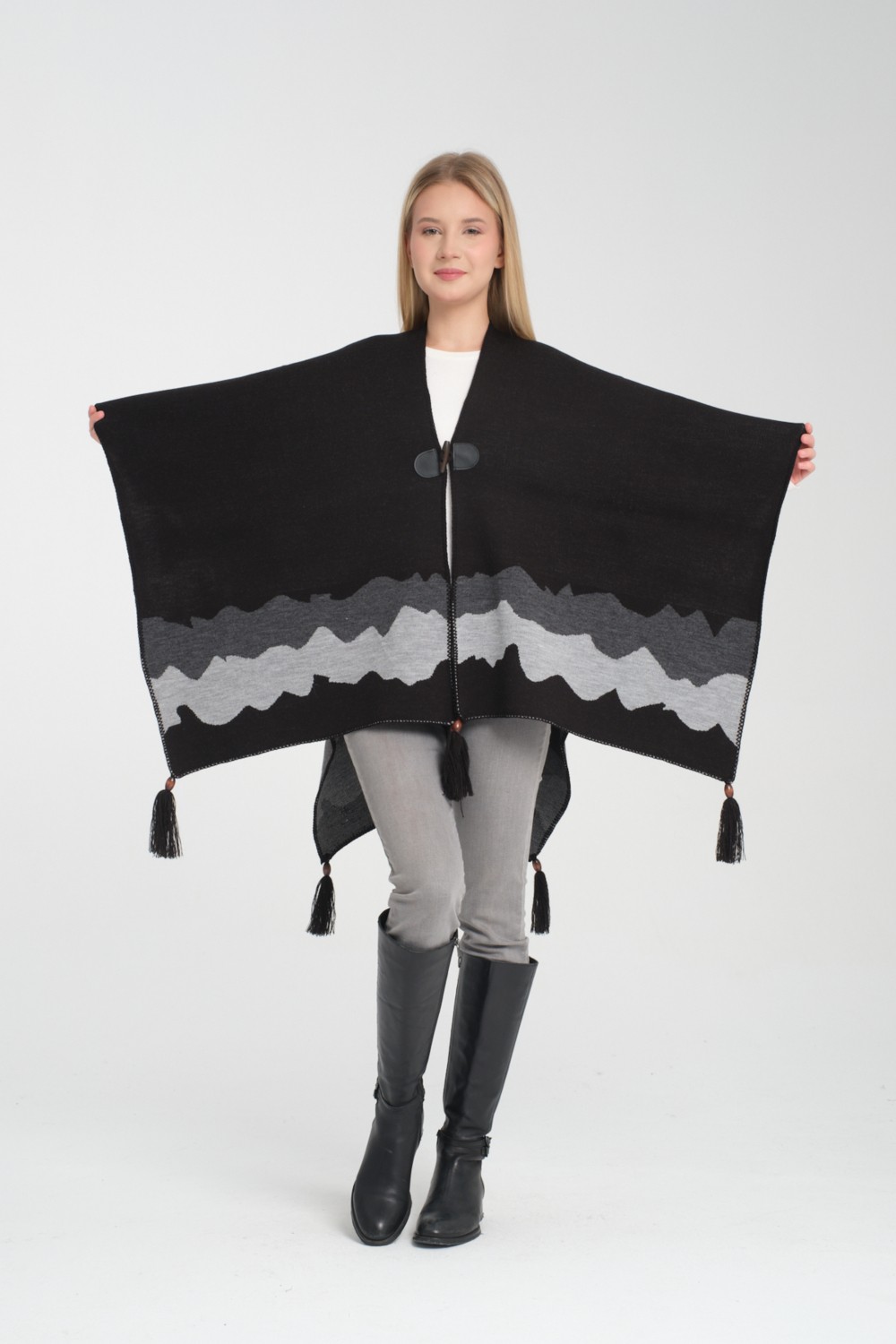 Wega Moda Wave Desenli Panço, Balıkçı Dikişli Düğme Detaylı Panço, Dış Giyim Panço,triko Örğü Şık Panço, Panço görsel 4