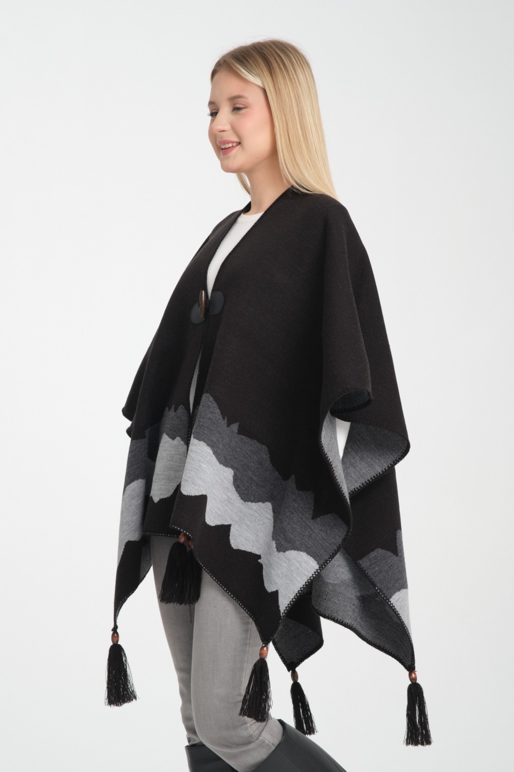Wega Moda Wave Desenli Panço, Balıkçı Dikişli Düğme Detaylı Panço, Dış Giyim Panço,triko Örğü Şık Panço, Panço görsel 5