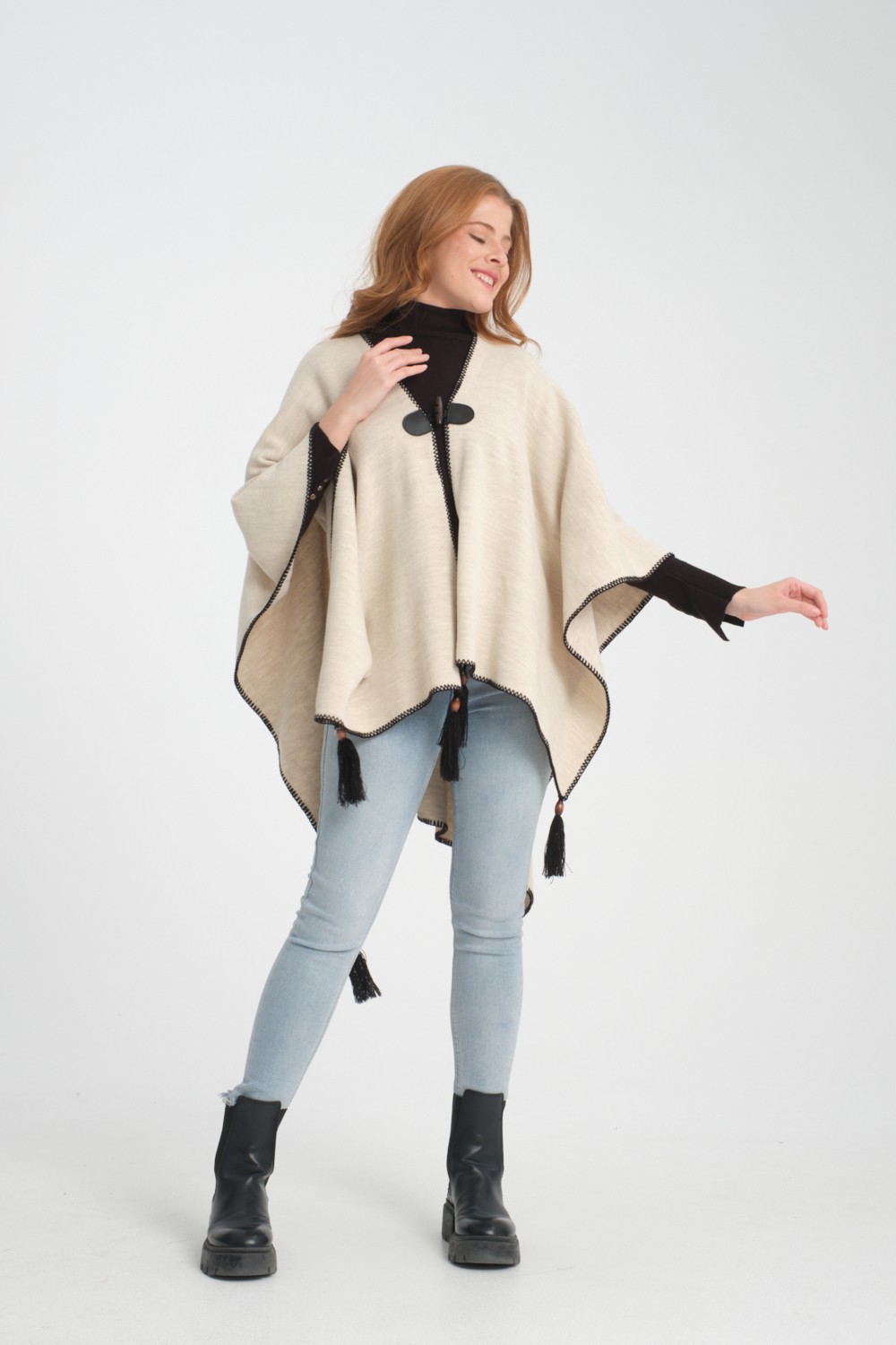 Wega Moda Düz Triko Balıkçı Dikişli Düğme Detaylı Şık Tasarımlı Panço, Panço, Düz Desensiz Şal Panço görsel 2