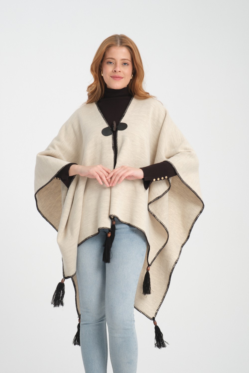 Wega Moda Düz Triko Balıkçı Dikişli Düğme Detaylı Şık Tasarımlı Panço, Panço, Düz Desensiz Şal Panço görsel 3