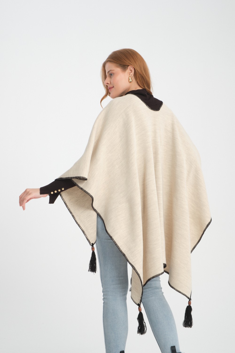 Wega Moda Düz Triko Balıkçı Dikişli Düğme Detaylı Şık Tasarımlı Panço, Panço, Düz Desensiz Şal Panço görsel 5