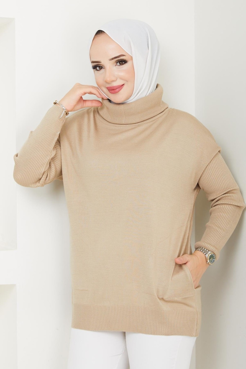 Modabef Degaje Yaka Yandan Cepli Triko Bluz - Bej - 2119 görsel 3