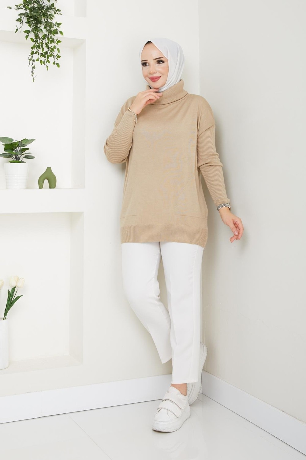 Modabef Degaje Yaka Yandan Cepli Triko Bluz - Bej - 2119 görsel 4