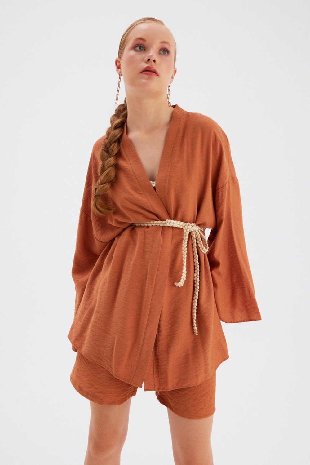 Sateen Kuşak Detaylı Salaş Kimono - TABA görsel 3