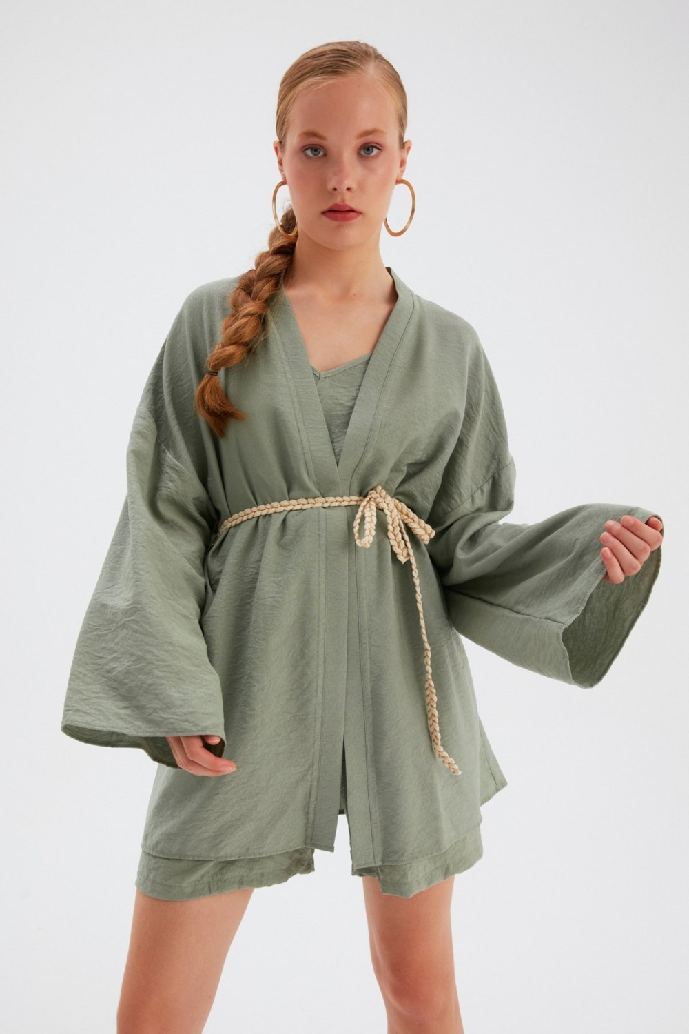 Sateen Kuşak Detaylı Salaş Kimono - YEŞİL görsel 2