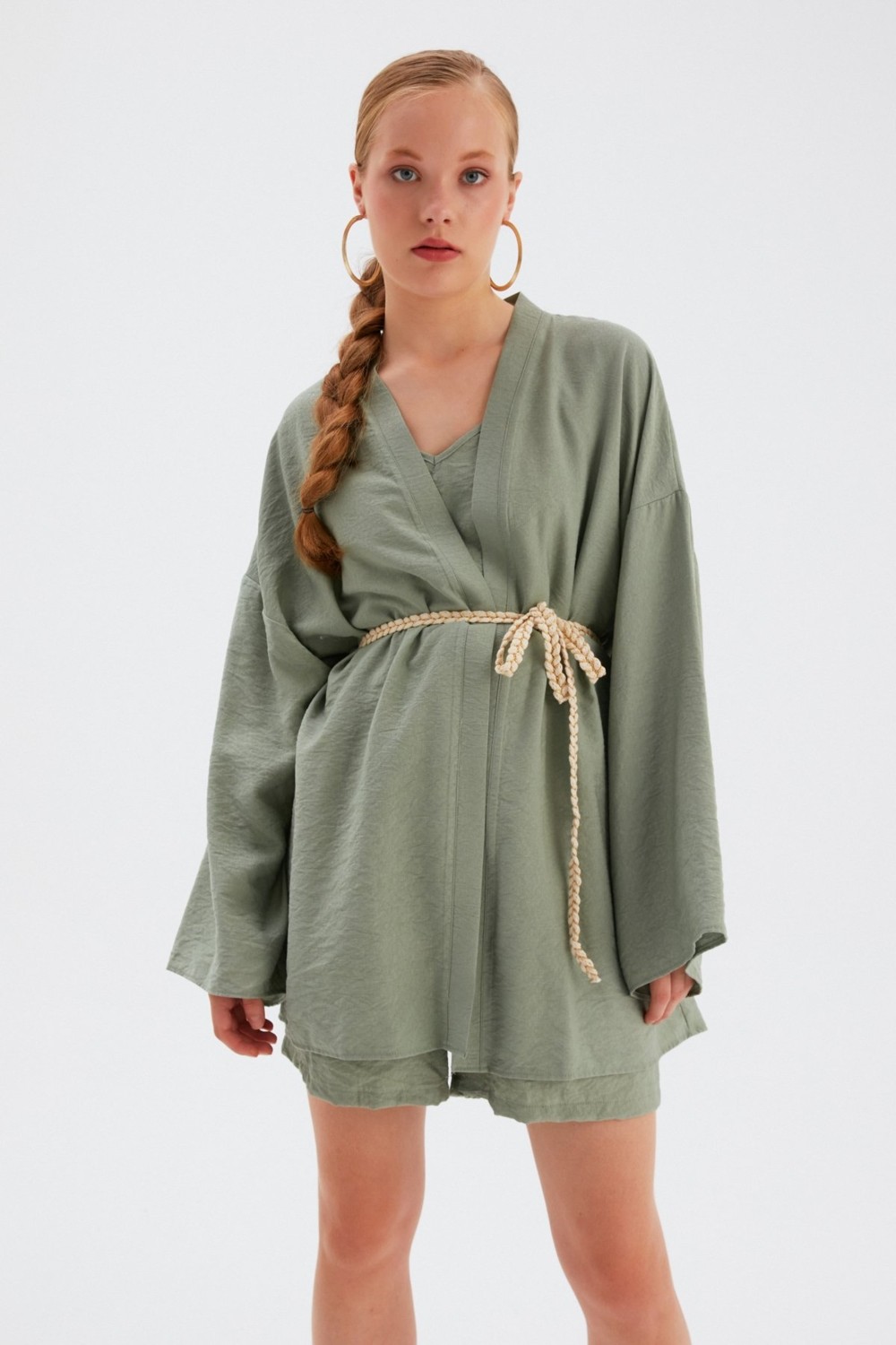 Sateen Kuşak Detaylı Salaş Kimono - YEŞİL görsel 3
