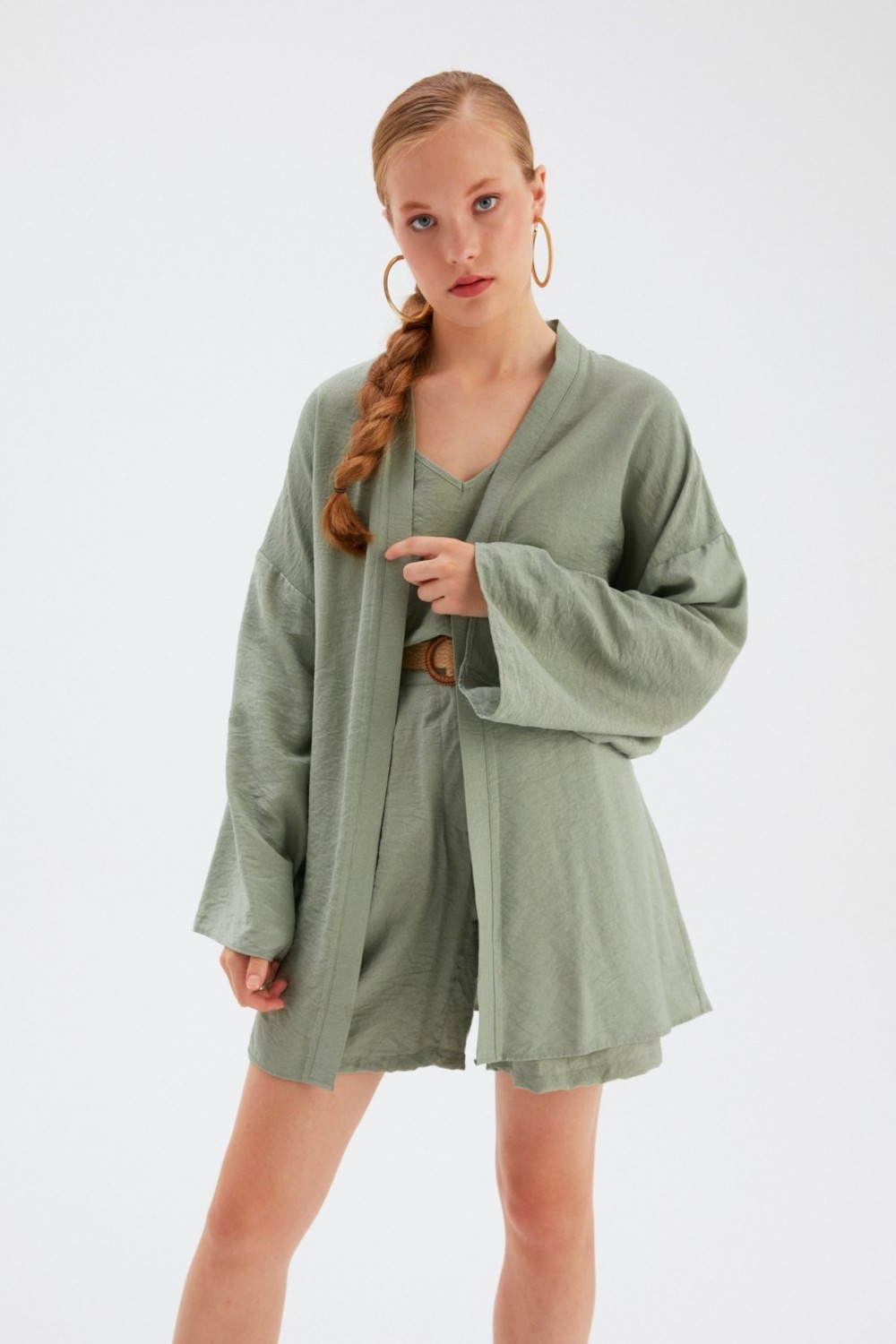 Sateen Kuşak Detaylı Salaş Kimono - YEŞİL görsel 4