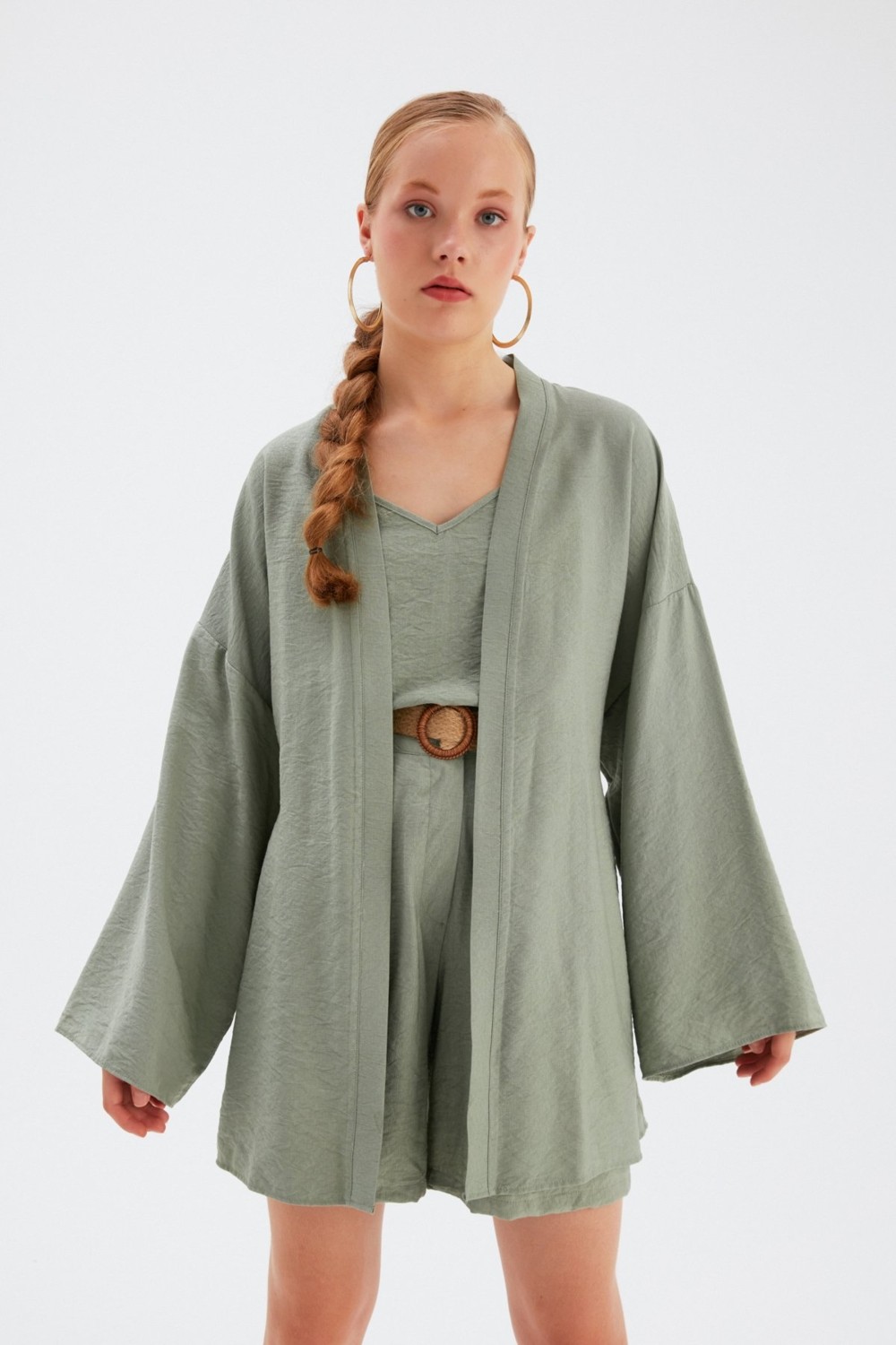 Sateen Kuşak Detaylı Salaş Kimono - YEŞİL görsel 5