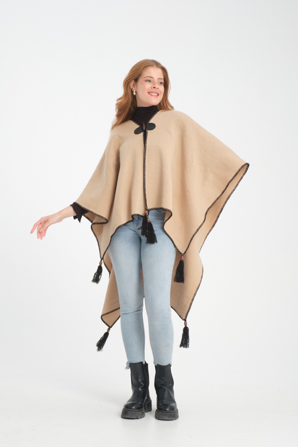 Wega Moda Düz Triko Balıkçı Dikişli Düğme Detaylı Şık Tasarımlı Panço, Panço, Düz Desensiz Şal Panço