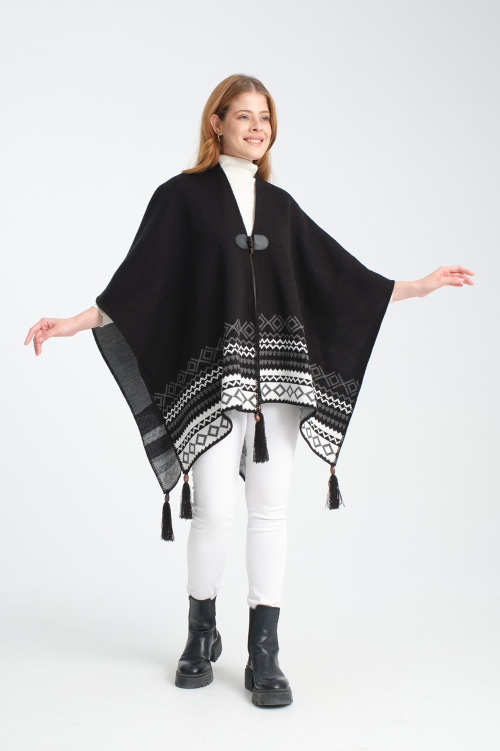 Wega Moda Vega Moda Etnik Desenli Panço, Balıkçı Dikişli Düğme Detaylı Panço, Dış Giyim Panço, Triko Örğü Şık Panço görsel 2