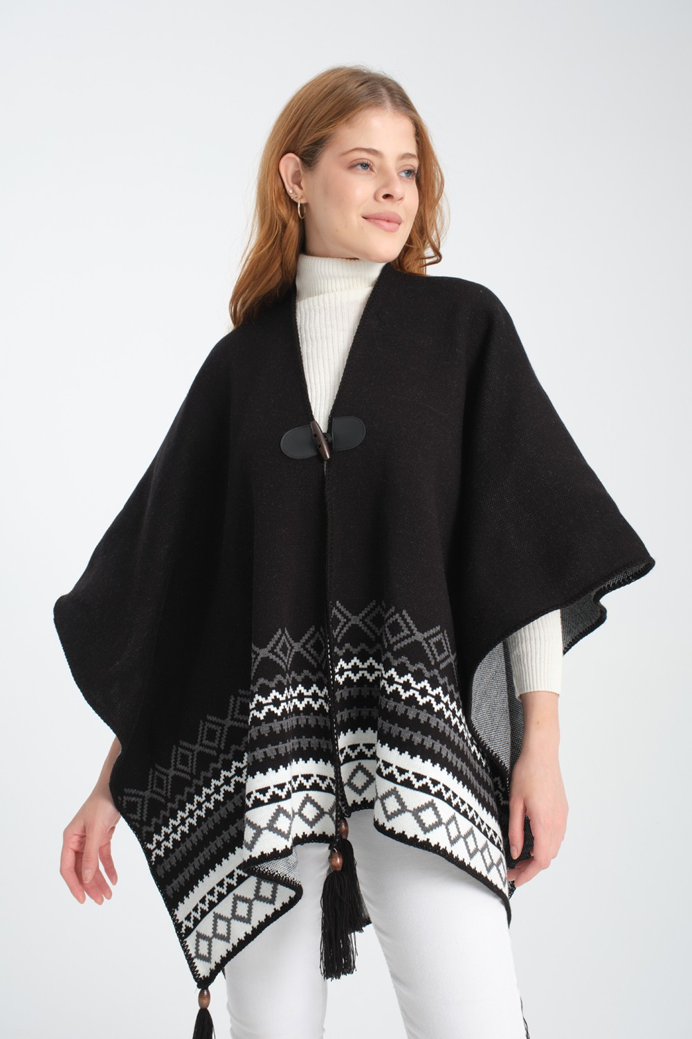Wega Moda Vega Moda Etnik Desenli Panço, Balıkçı Dikişli Düğme Detaylı Panço, Dış Giyim Panço, Triko Örğü Şık Panço görsel 4