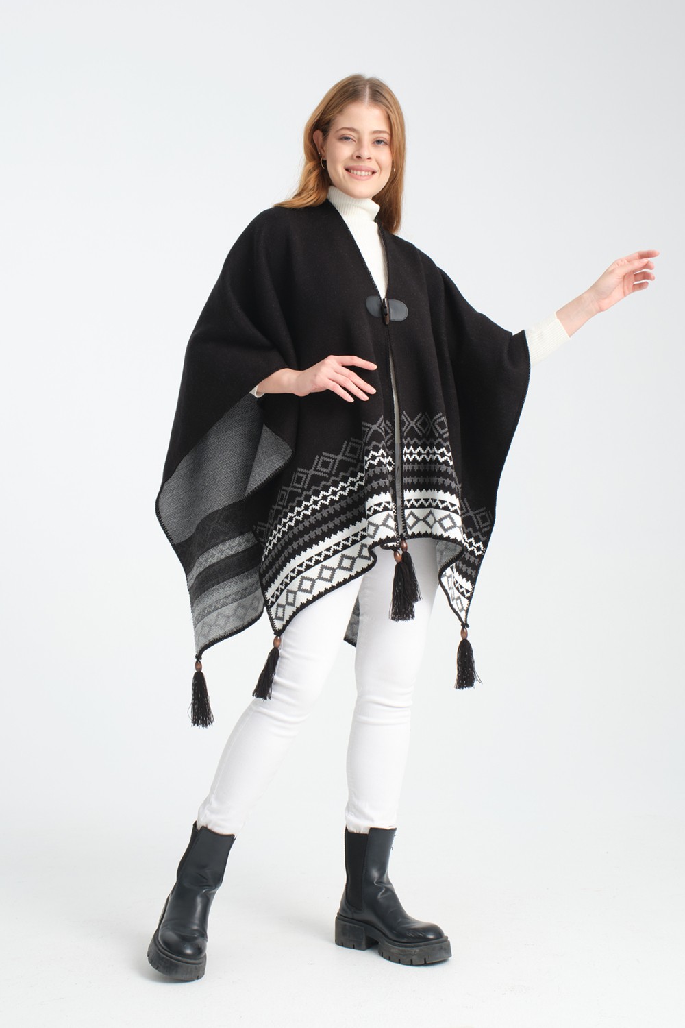 Wega Moda Vega Moda Etnik Desenli Panço, Balıkçı Dikişli Düğme Detaylı Panço, Dış Giyim Panço, Triko Örğü Şık Panço görsel 6