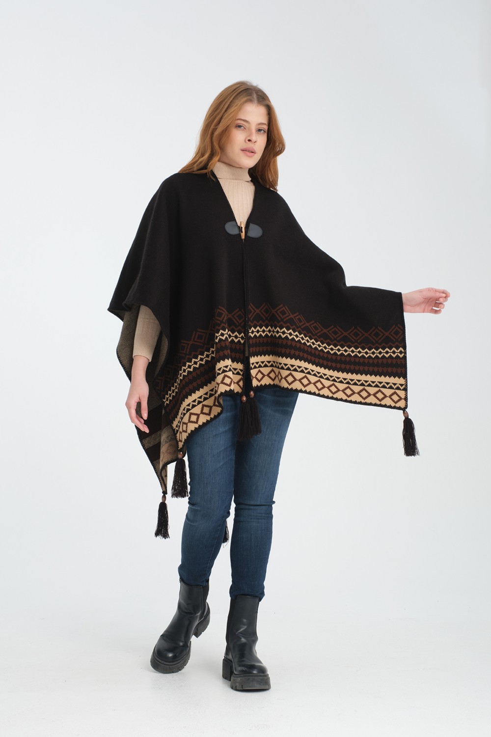 Wega Moda Vega Moda Etnik Desenli Panço, Balıkçı Dikişli Düğme Detaylı Panço, Dış Giyim Panço, Triko Örğü Şık Panço