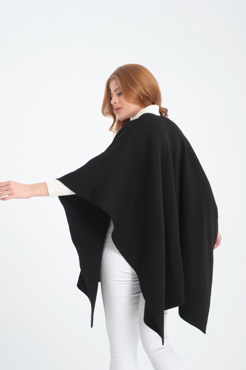Wega Moda Düz Triko Düğme Detaylı Şık Tasarımlı Panço, Düz Interlok, Panço, Düz Desensiz Şal Panço, Panço görsel 3