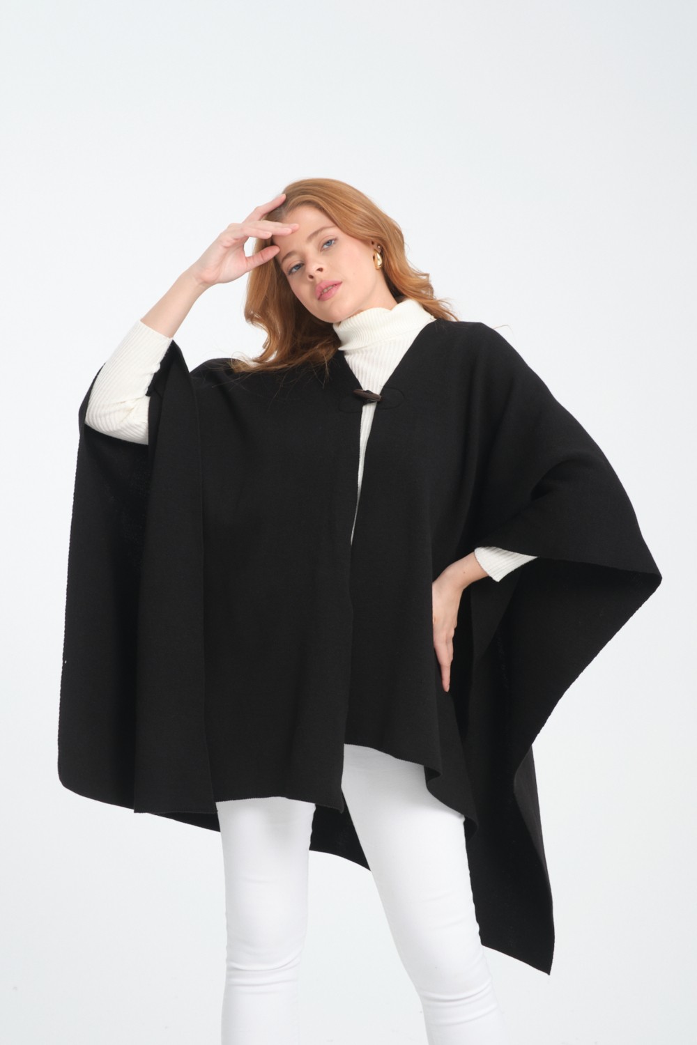 Wega Moda Düz Triko Düğme Detaylı Şık Tasarımlı Panço, Düz Interlok, Panço, Düz Desensiz Şal Panço, Panço görsel 4