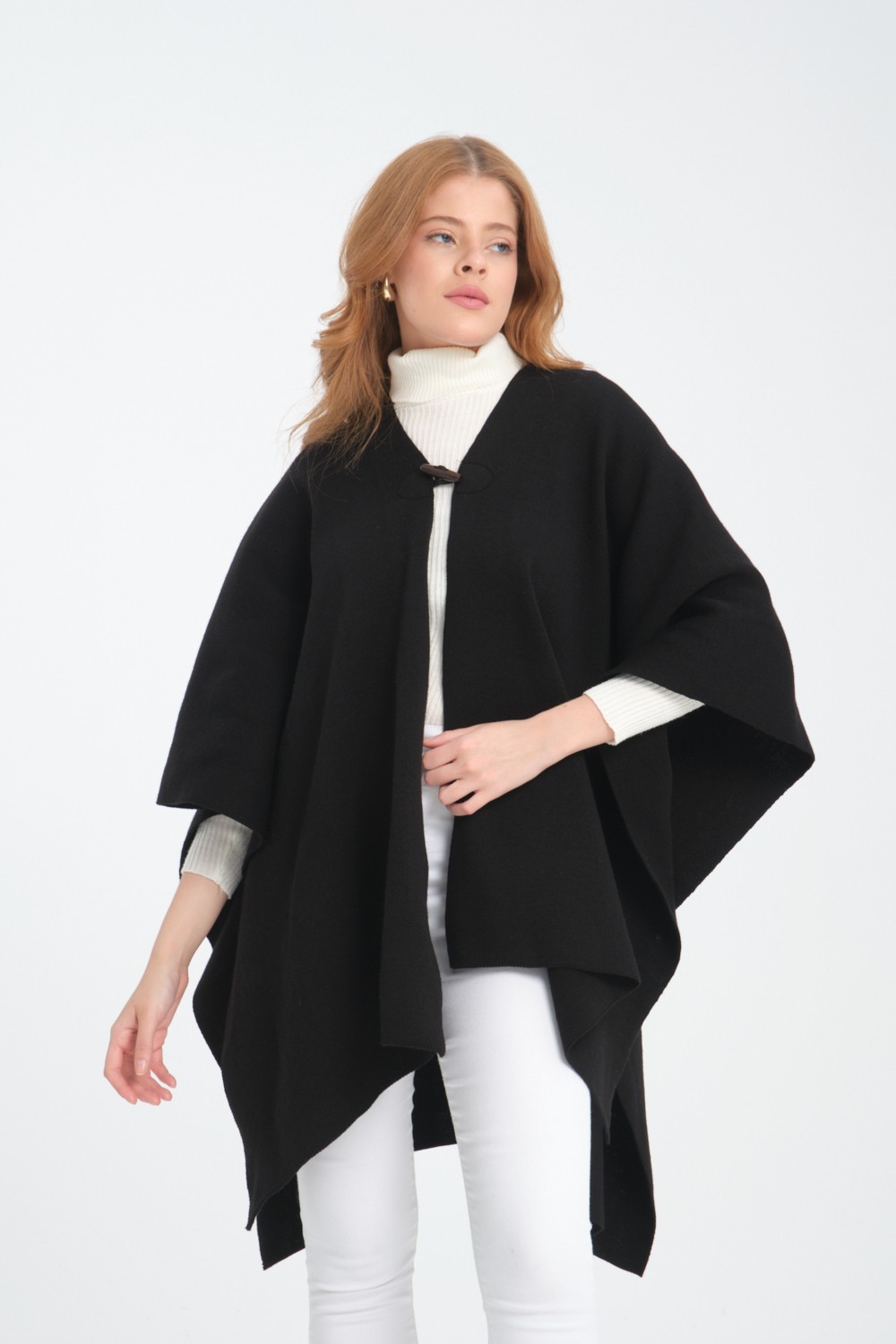 Wega Moda Düz Triko Düğme Detaylı Şık Tasarımlı Panço, Düz Interlok, Panço, Düz Desensiz Şal Panço, Panço görsel 5