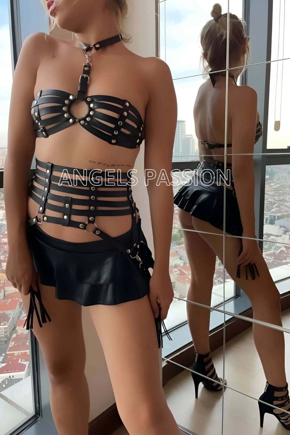 Beruflic Püskül Detaylı Siyah Deri Korse Sütyen Harness Takım görsel 3