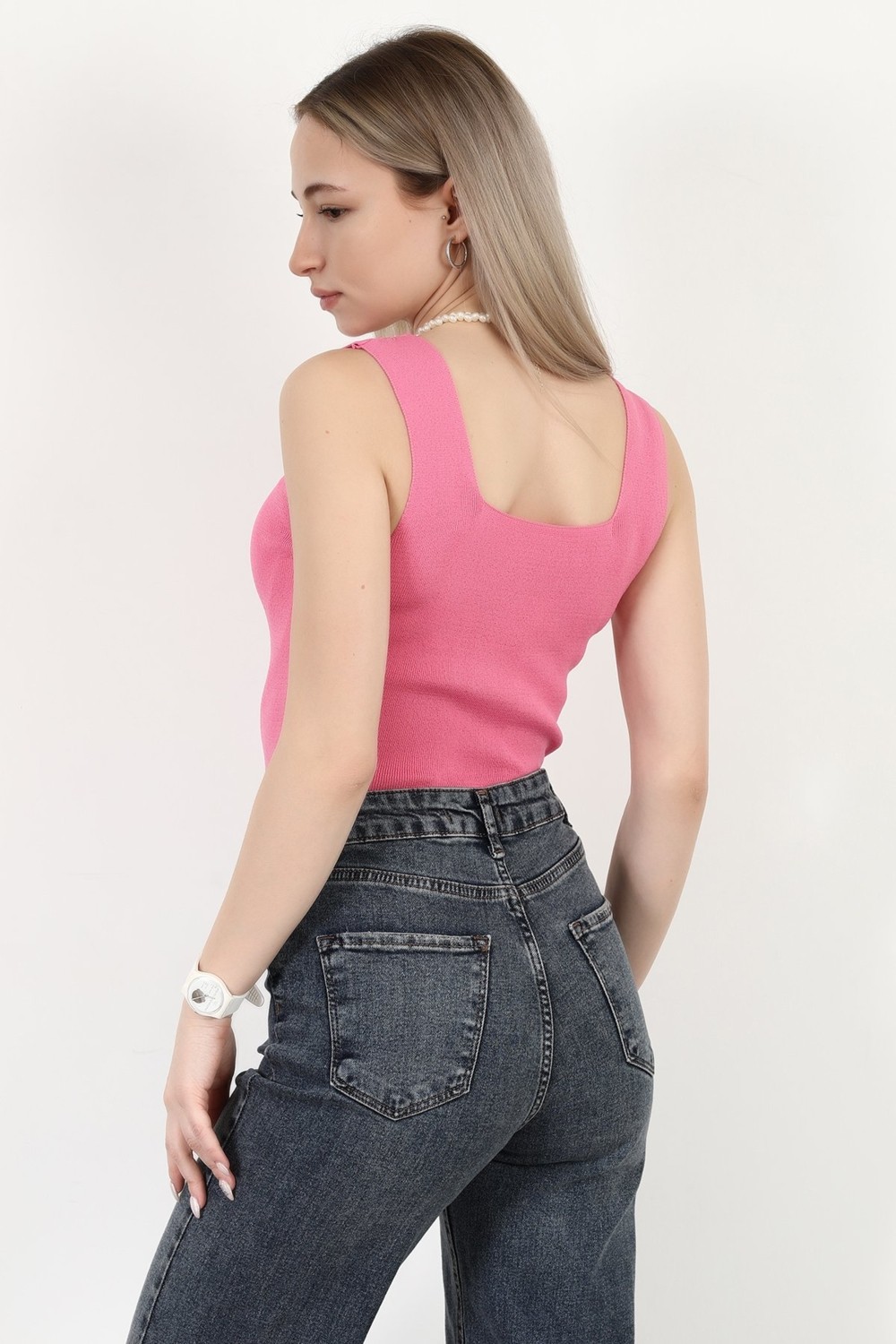 Giysa Kadın Kare Yaka Kalın Askılı Basic Triko Bluz Pembe - 2000 görsel 3