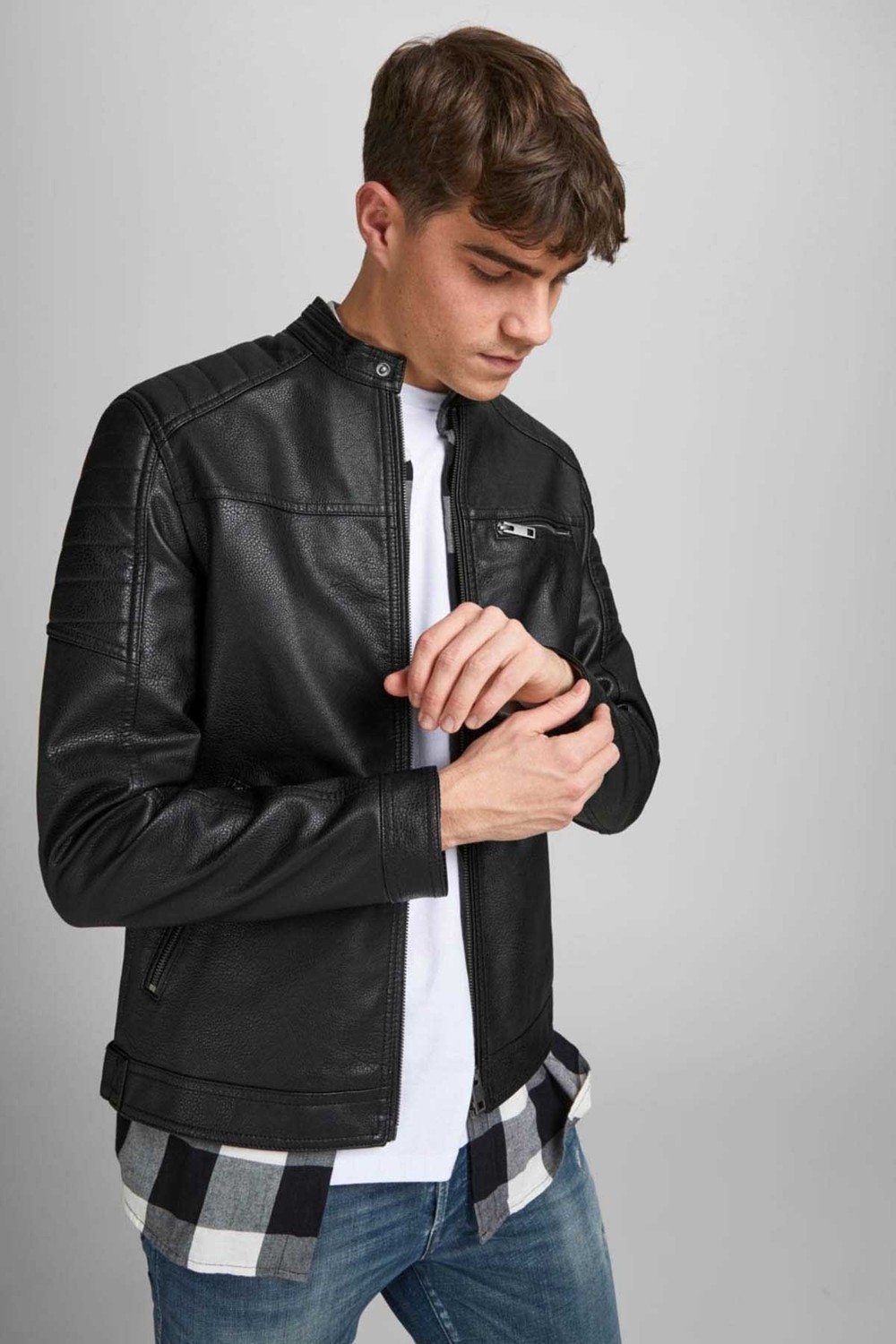 Jack & Jones Erkek Deri Ceket Suni Deri 3XL Uzun Kol Siyah Günlük Stil Cepli
