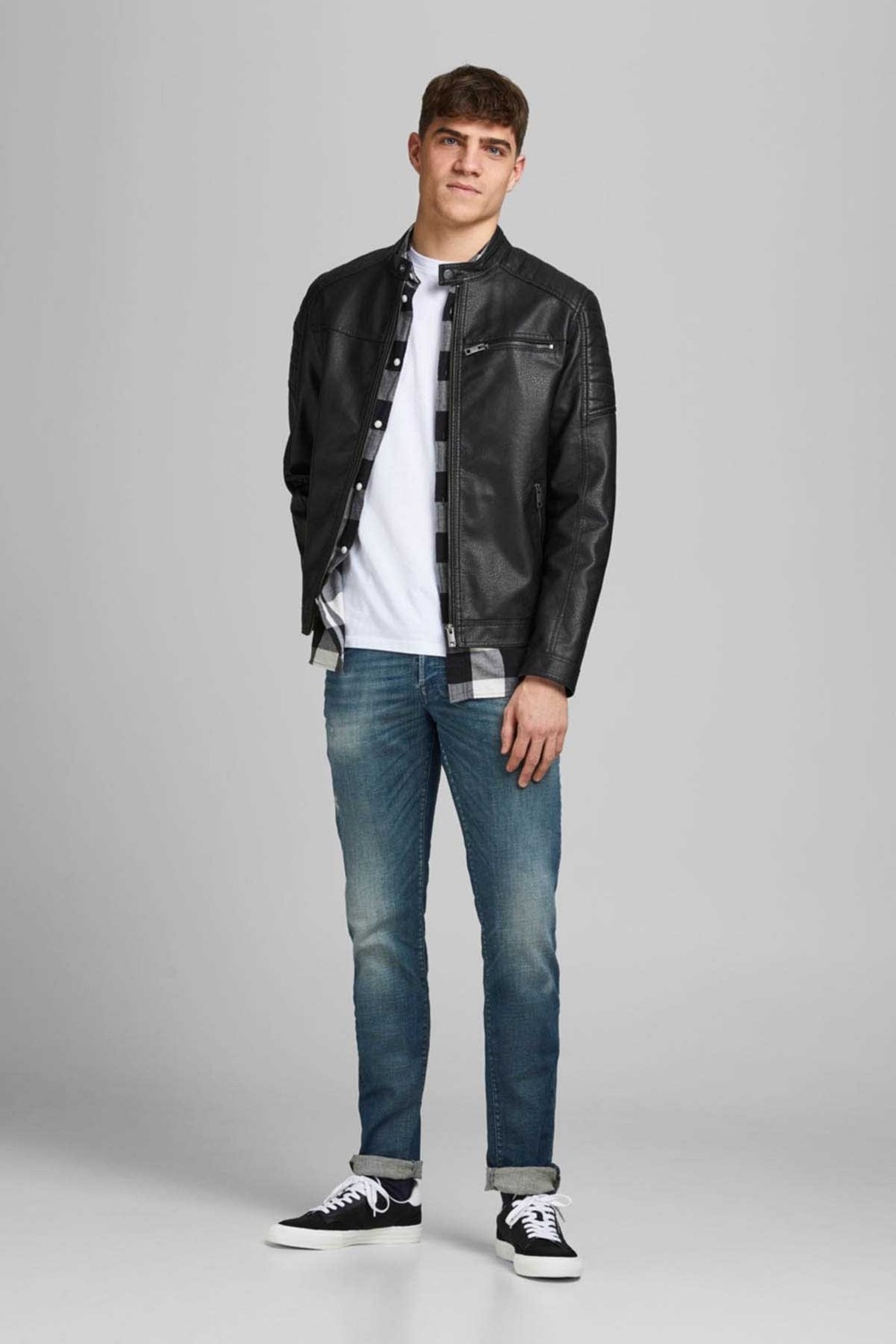 Jack & Jones Erkek Deri Ceket Suni Deri 3XL Uzun Kol Siyah Günlük Stil Cepli görsel 2