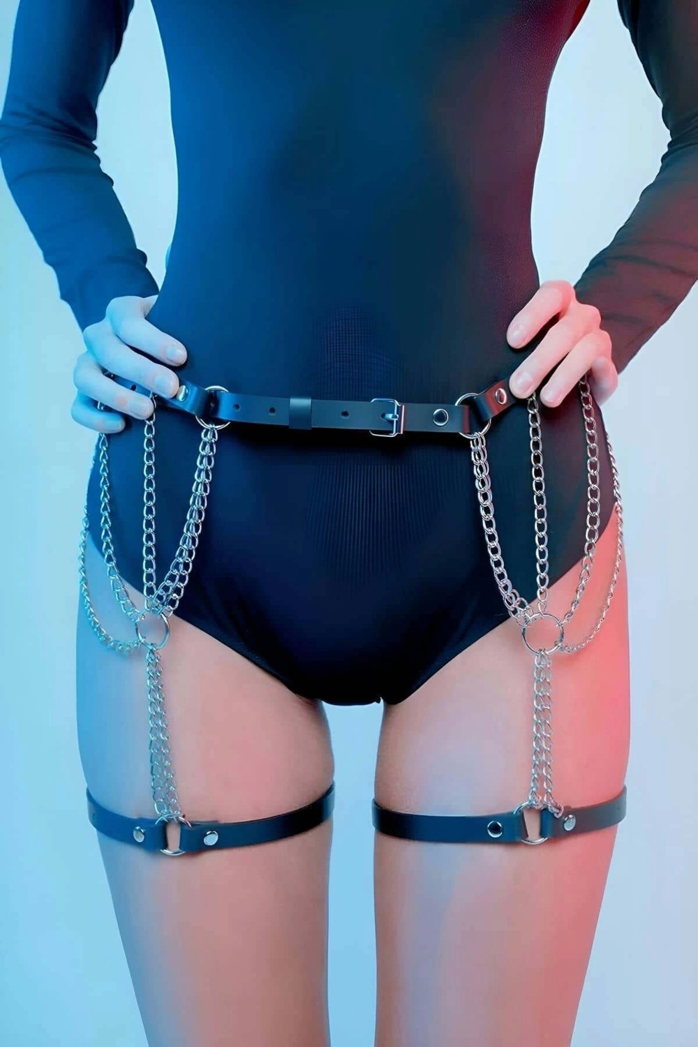 Beruflic Zincir Detaylı Deri Belden Askılı Bacak Jartiyer Harness - BRF1323
