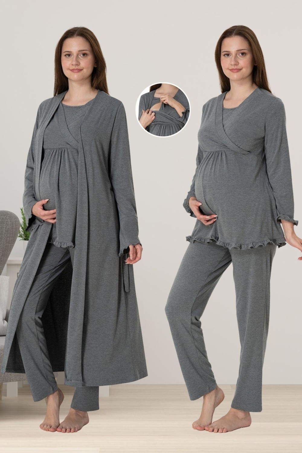 Effort t Füme Sabahlıklı Hamile Lohusa Pijama Takımı