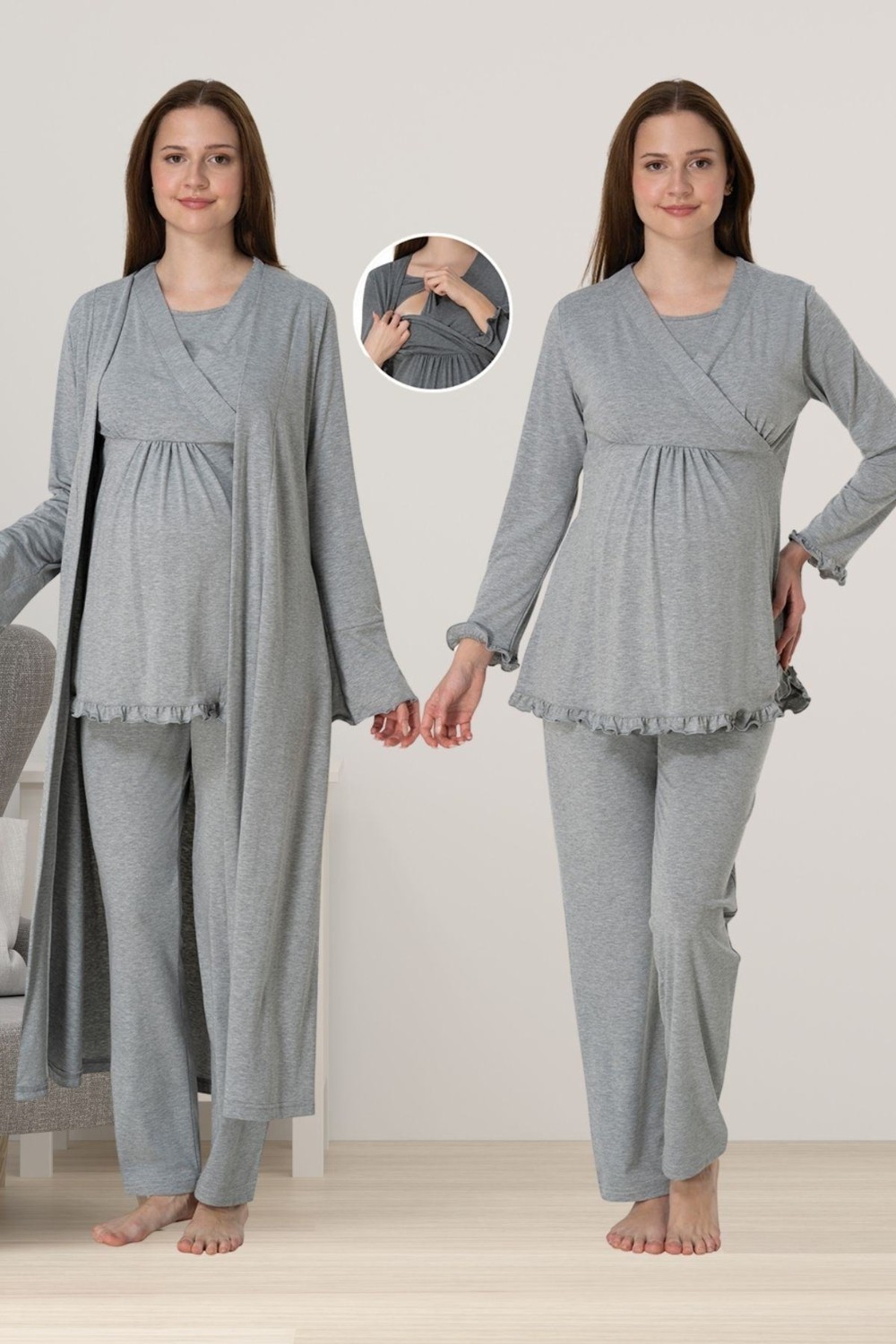 Effort t Füme Sabahlıklı Hamile Lohusa Pijama Takımı görsel 2