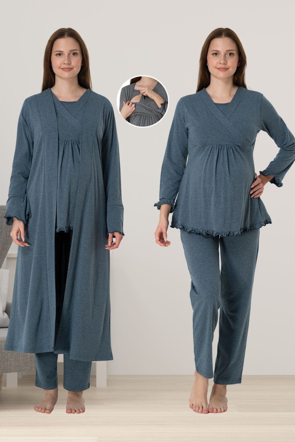 Effort t Füme Sabahlıklı Hamile Lohusa Pijama Takımı görsel 3