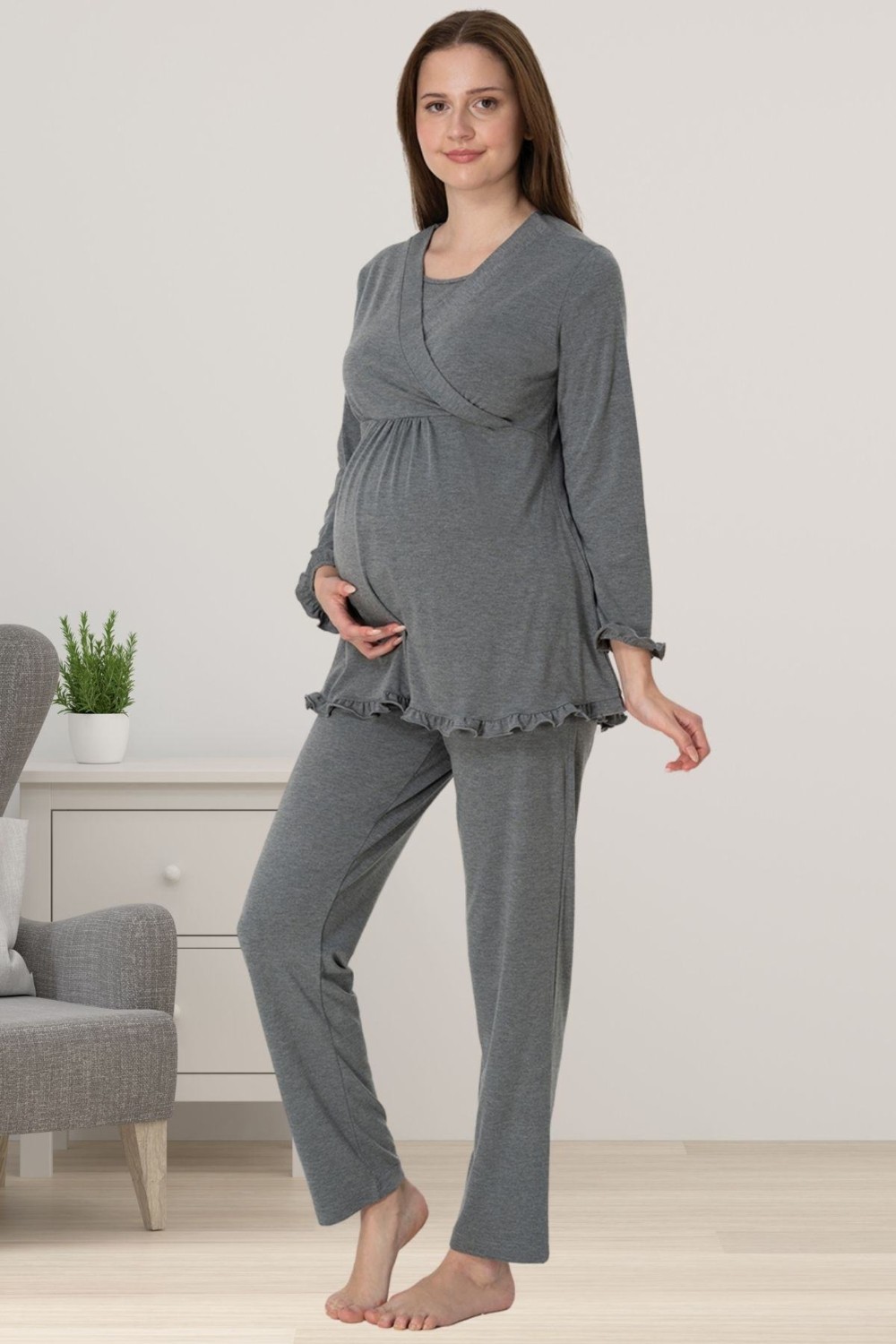 Effort t Antrasit Hamile Lohusa Pijama Takımı görsel 5