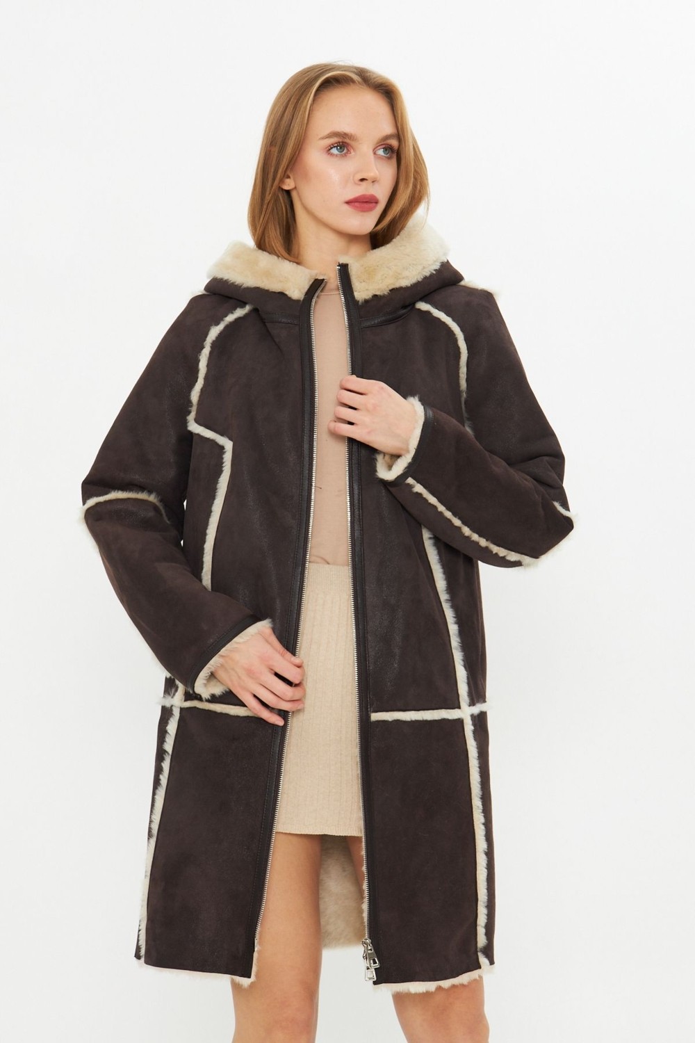 By Marki Marki Hakiki Nubuk Deri Kapüşonlu Oversize Kadın Kaban - Içi Kürklü - Kahverengi 90 cm - 113422 görsel 3