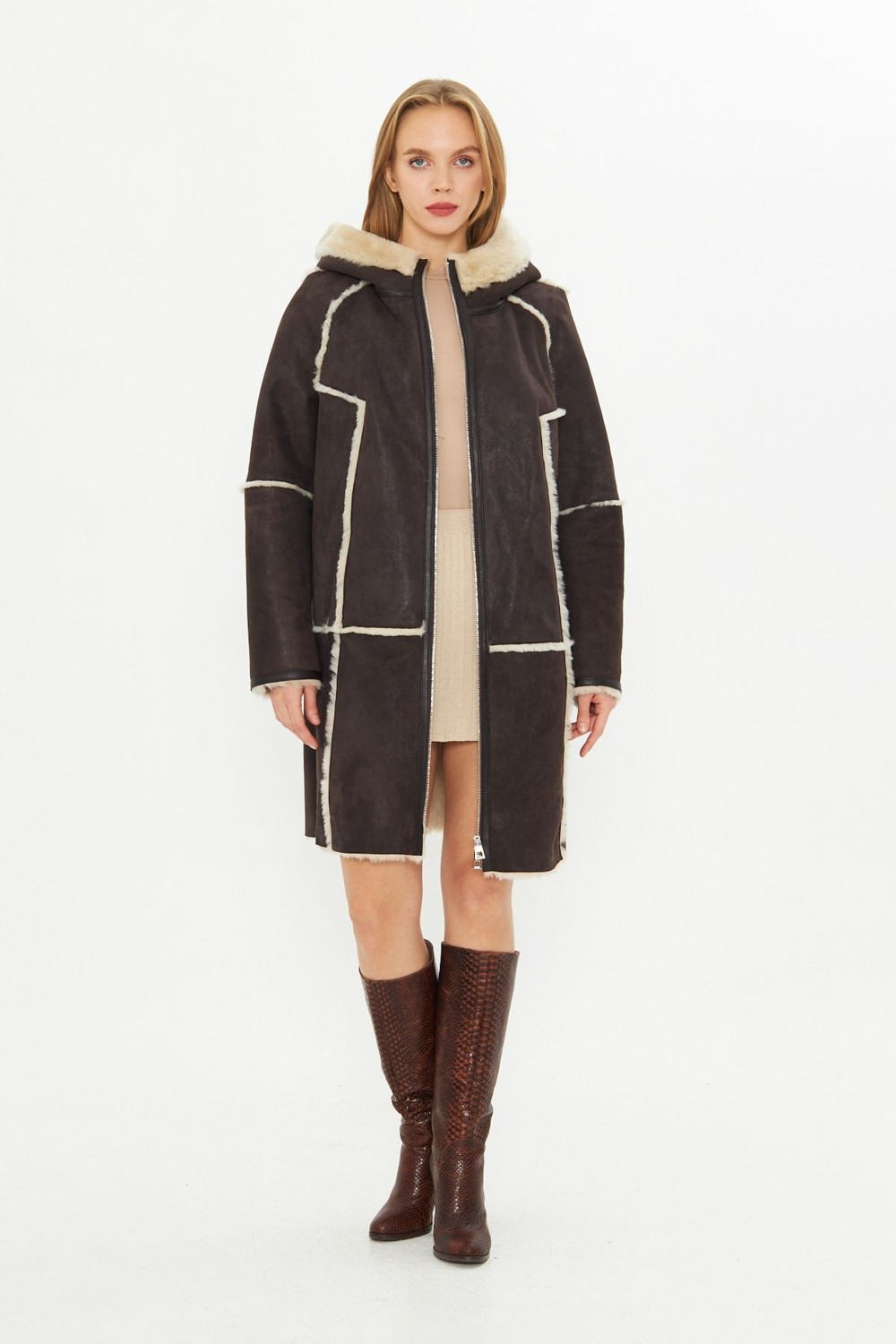 By Marki Marki Hakiki Nubuk Deri Kapüşonlu Oversize Kadın Kaban - Içi Kürklü - Kahverengi 90 cm - 113422 görsel 4