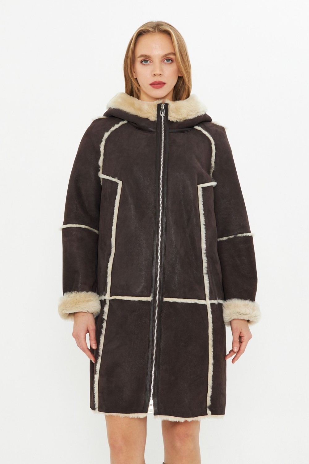 By Marki Marki Hakiki Nubuk Deri Kapüşonlu Oversize Kadın Kaban - Içi Kürklü - Kahverengi 90 cm - 113422 görsel 5