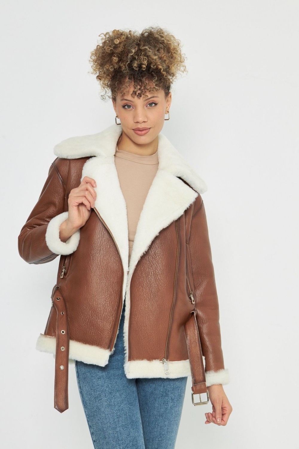 By Marki Marki Deri ve Kürk Kadın Kaban - 77 Cm, Taba Rengi, Kemerli, Oversize - 106322 görsel 3