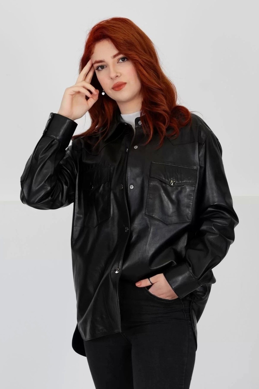 By Marki Marki Hakiki Deri Kadın Gömlek - Oversize, Çıtçıt Kapamalı, Siyah - 102322