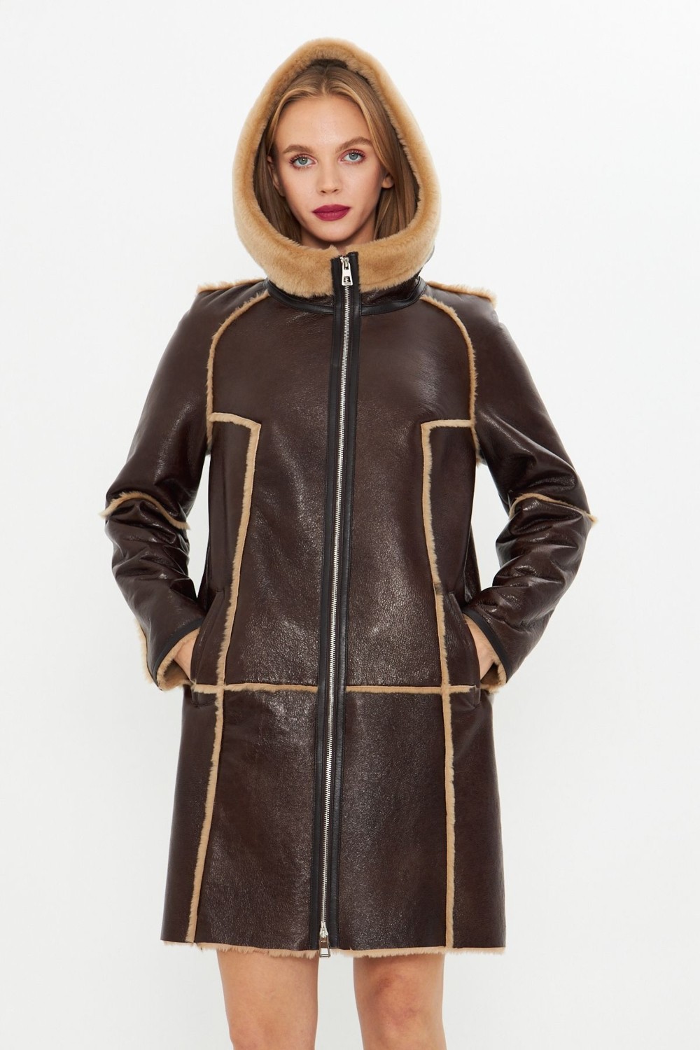 By Marki Marki Deri Kapüşonlu Oversize Kadın Kaban - Içi Kürklü - Koyu Kahverengi 90 Cm- 113422