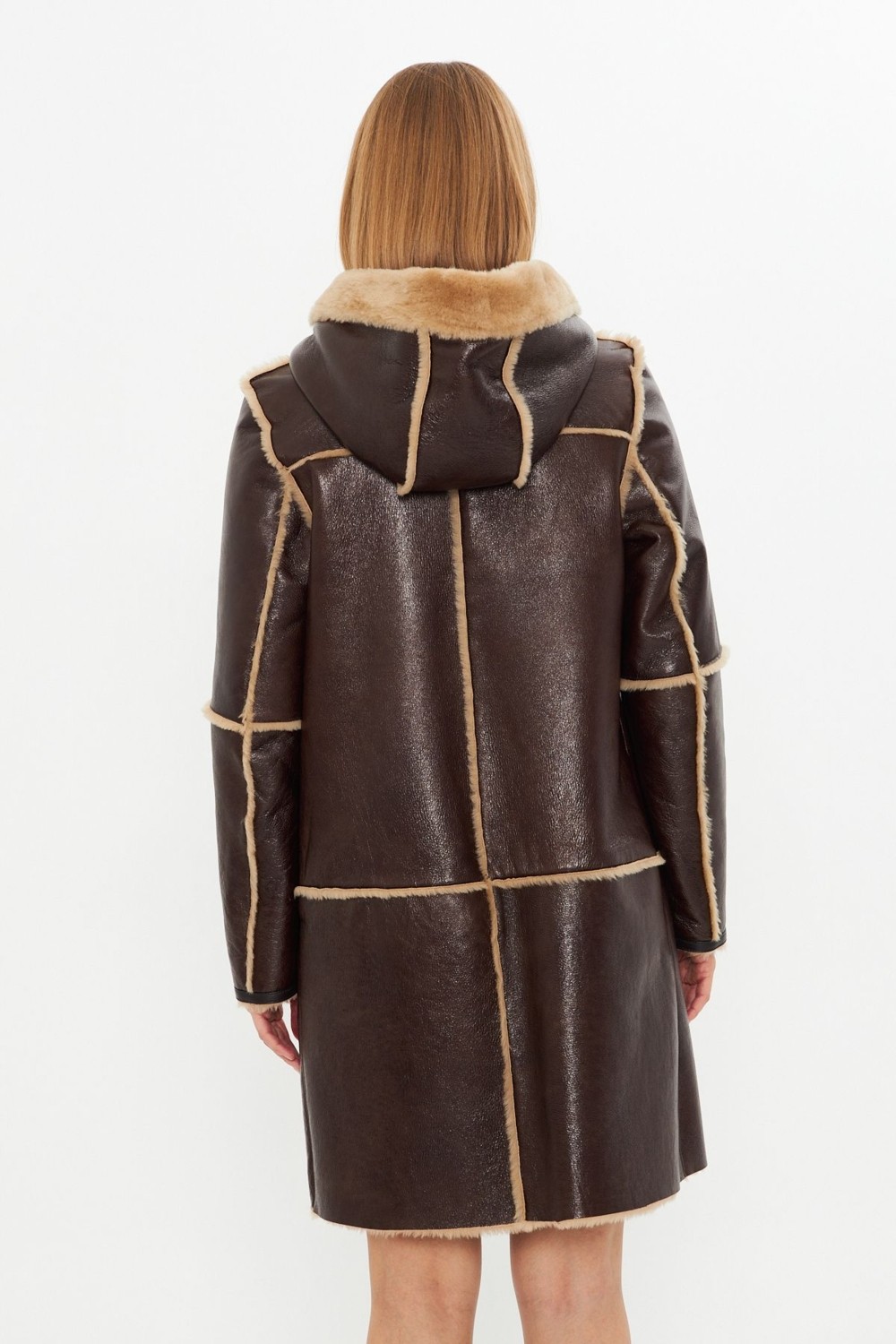By Marki Marki Deri Kapüşonlu Oversize Kadın Kaban - Içi Kürklü - Koyu Kahverengi 90 Cm- 113422 görsel 3
