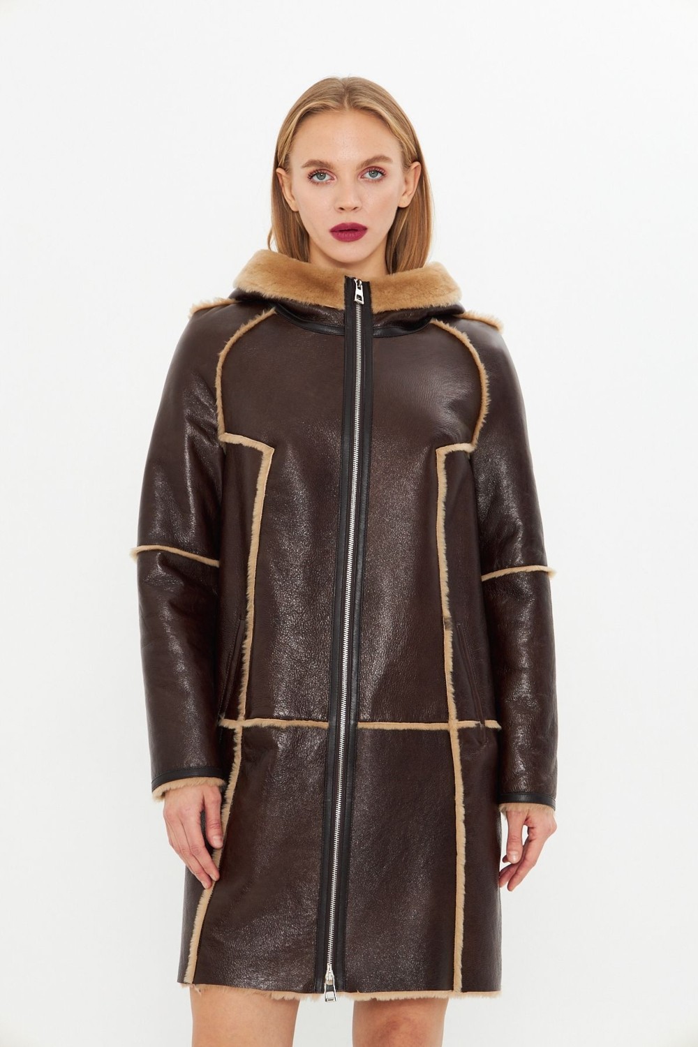 By Marki Marki Deri Kapüşonlu Oversize Kadın Kaban - Içi Kürklü - Koyu Kahverengi 90 Cm- 113422 görsel 4