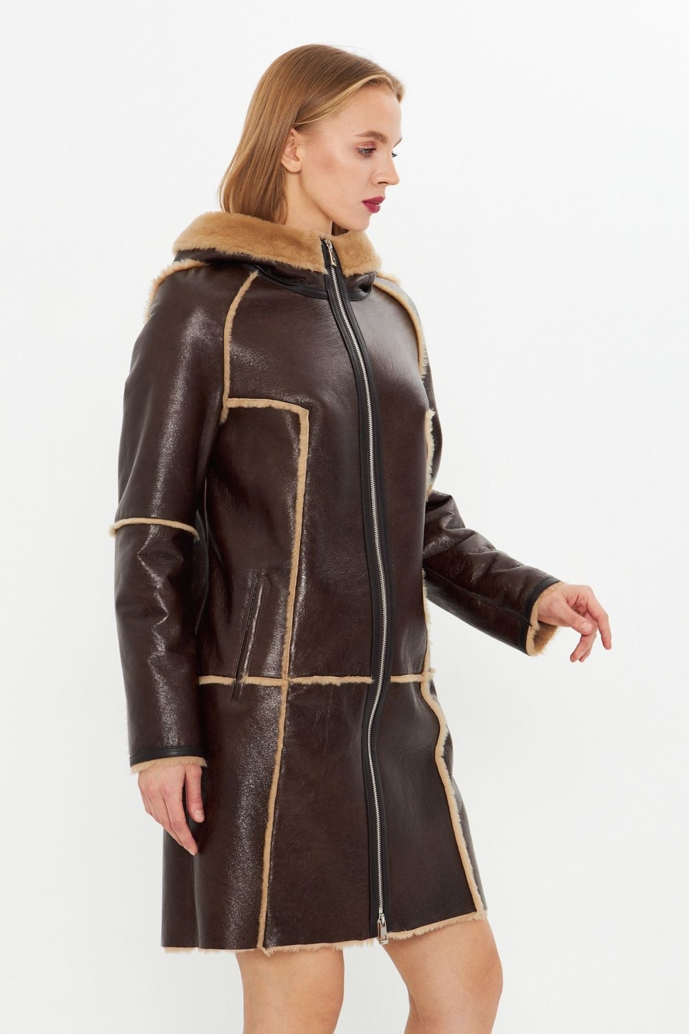 By Marki Marki Deri Kapüşonlu Oversize Kadın Kaban - Içi Kürklü - Koyu Kahverengi 90 Cm- 113422 görsel 5