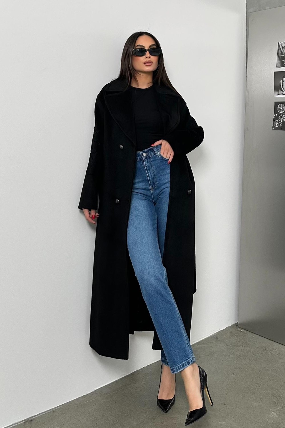 Olcay Kolları Nakış Detaylı Oversize Kaban Siyah 3085 görsel 2