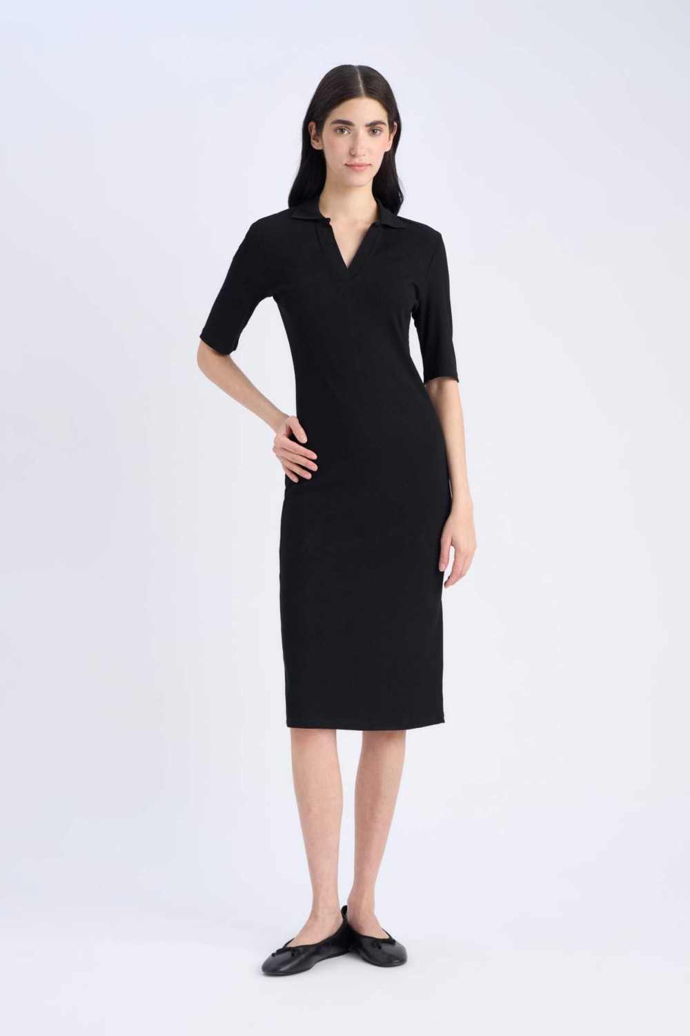 DeFacto Bodycon Vücudu Saran Polo Yaka Fitilli Kaşkorse Kısa Kollu Midi Elbise E6806AX25SP