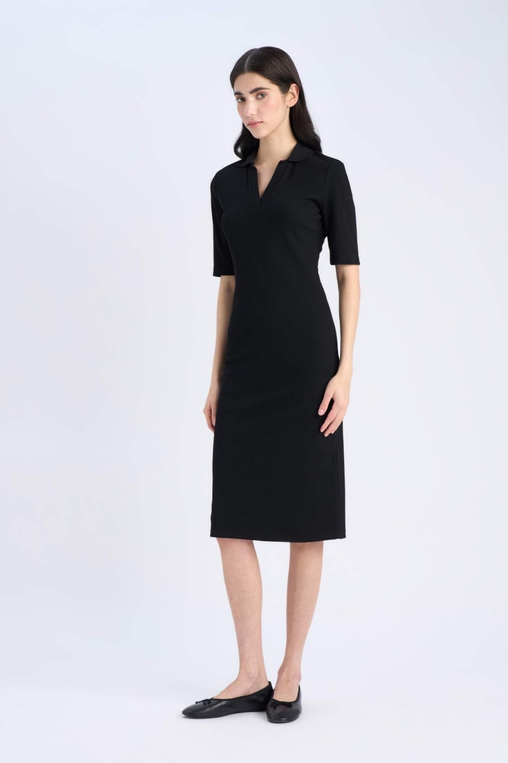 DeFacto Bodycon Vücudu Saran Polo Yaka Fitilli Kaşkorse Kısa Kollu Midi Elbise E6806AX25SP görsel 2