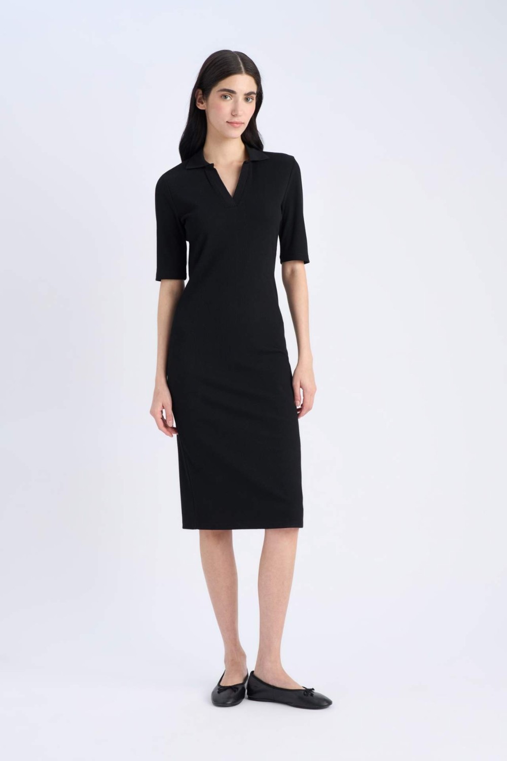 DeFacto Bodycon Vücudu Saran Polo Yaka Fitilli Kaşkorse Kısa Kollu Midi Elbise E6806AX25SP görsel 3