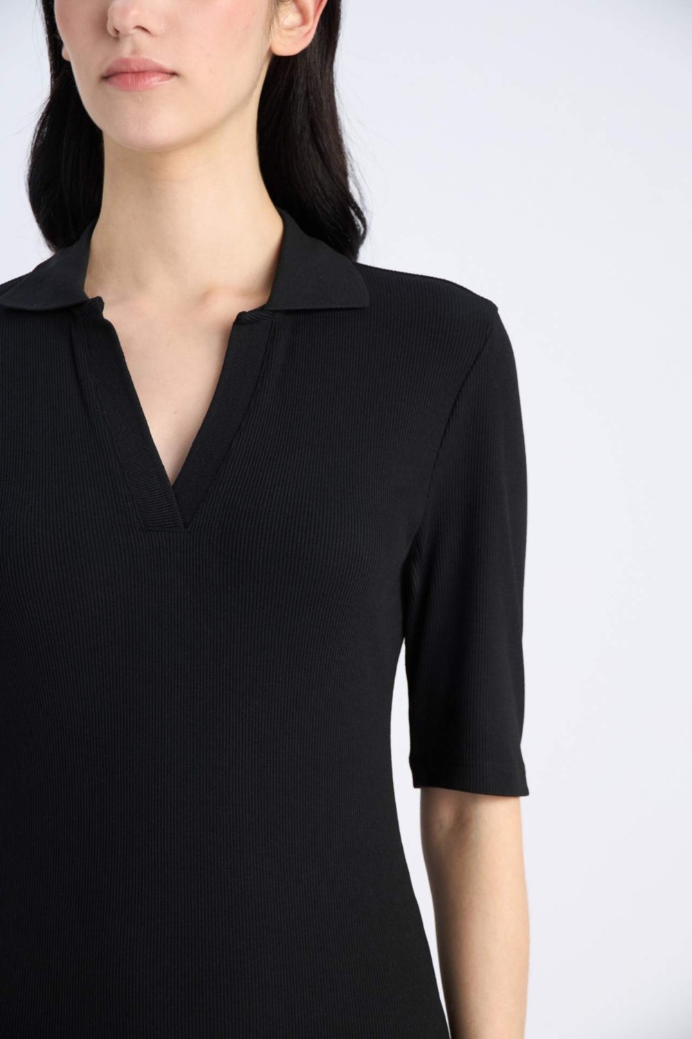 DeFacto Bodycon Vücudu Saran Polo Yaka Fitilli Kaşkorse Kısa Kollu Midi Elbise E6806AX25SP görsel 5
