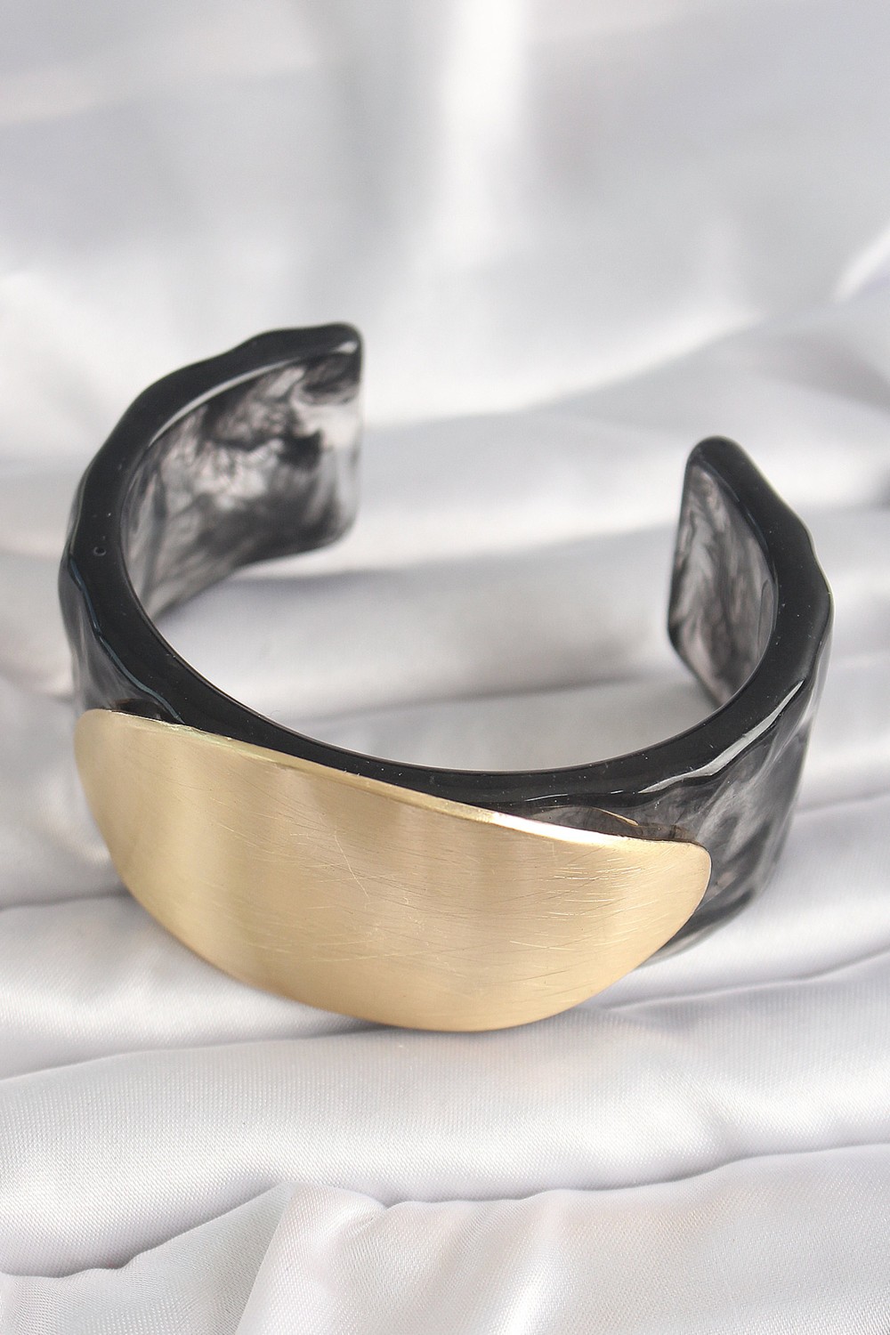Dorasan Siyah Mermer Desen Akrilik Plastik Gold Oval Plaka Model Vintage Kadın Bilezik görsel 2