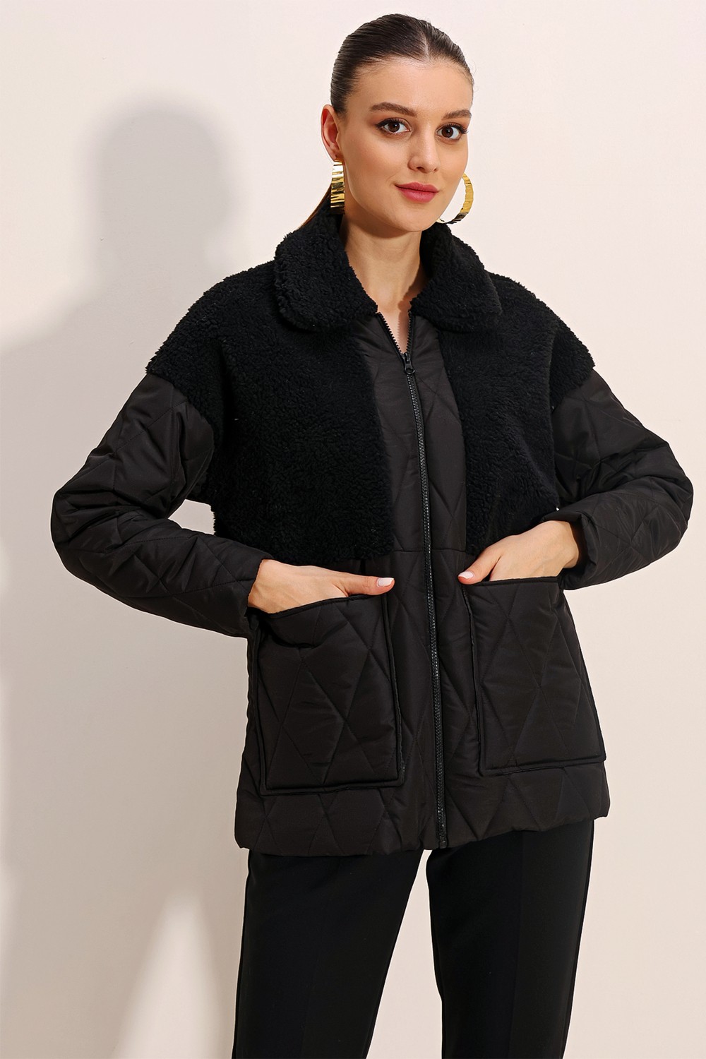 Bigdart 5182 Peluş Detaylı Oversize Şişme Mont - Siyah görsel 3